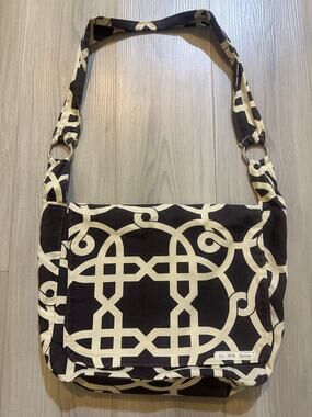 La Bella Couture Messenger Bag Geometric Link Pattern Brown Cream Shoulder